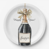 Happy New Year Gold Black Champagne Bottle ペーパープレート (正面)