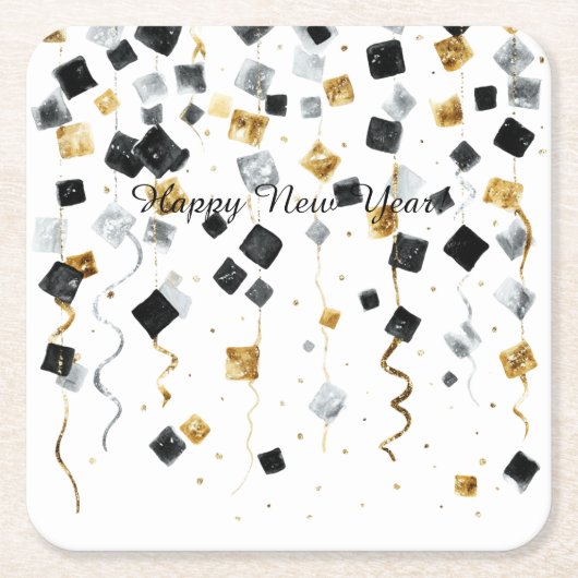 Happy New Year Gold Black Confetti スクエアペーパーコースター (正面)