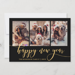 Happy New Year Gold Script 3 Photo Collage Black  シーズンカード