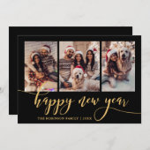 Happy New Year Gold Script 3 Photo Collage Black シーズンカード (正面/裏面)