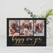 Happy New Year Gold Script 3 Photo Collage Black シーズンカード (スタンド正面)