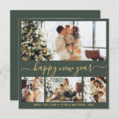 Happy New Year Gold Script 4 Photo Collage Green シーズンカード (正面/裏面)