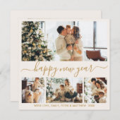 Happy New Year Gold Script 4 Photo Collage Neutral シーズンカード (正面/裏面)