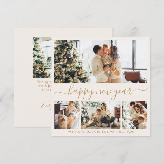 Happy New Year Gold Script 4 Photo Collage Neutral シーズンカード (正面/裏面)