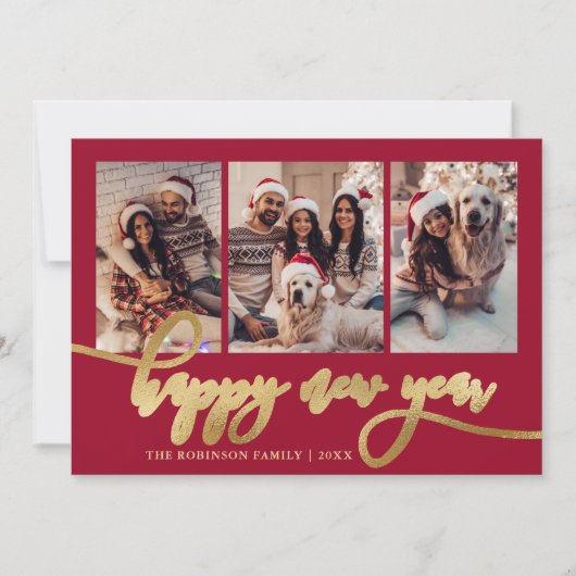 Happy New Year Gold Script Red 3 Photo Collage  シーズンカード (正面)