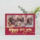 Happy New Year Gold Script Red 3 Photo Collage  シーズンカード (スタンド正面)