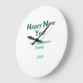 Happy new year green add family name year simple  ラージ壁時計 (傾斜)