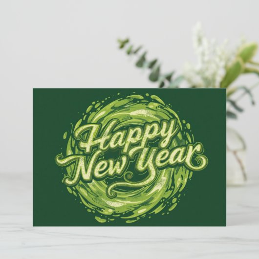 Happy new Year green Swirl Flat Card (スタンド正面)