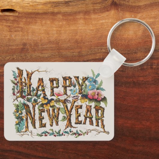 Happy New Year in Tree Trunks, Acorns and Flowers キーホルダー (正面)