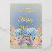 Happy New Year Merry Christmas Blueフローラ写真 箔シーズンカード (正面)