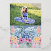 Happy New Year Merry Christmas Blueフローラ写真 箔シーズンカード (裏面)