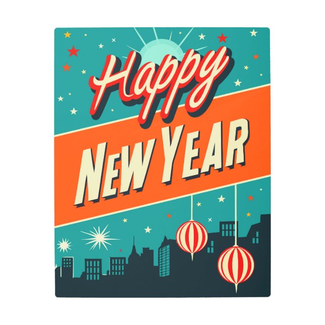 Happy New Year Mid-Century Modern メタルプリント (正面)