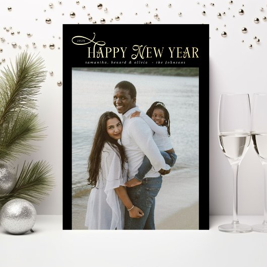 Happy New Year Modern Chic Family 4 Photos Collage 箔シーズンカード