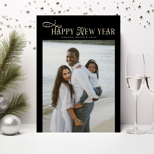 Happy New Year Modern Chic Family 4 Photos Collage 箔シーズンカード