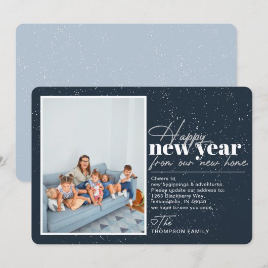 Happy New Year Moving Announcement Navy Photo シーズンカード (正面/裏面)