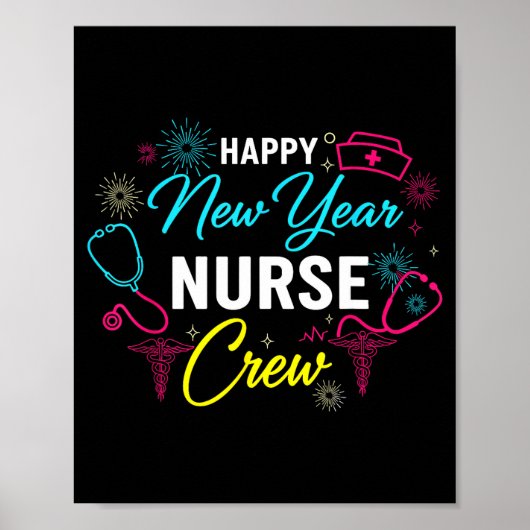 Happy New Year Nurse Shirt, Fireworks Stethoscope  ポスター (正面)