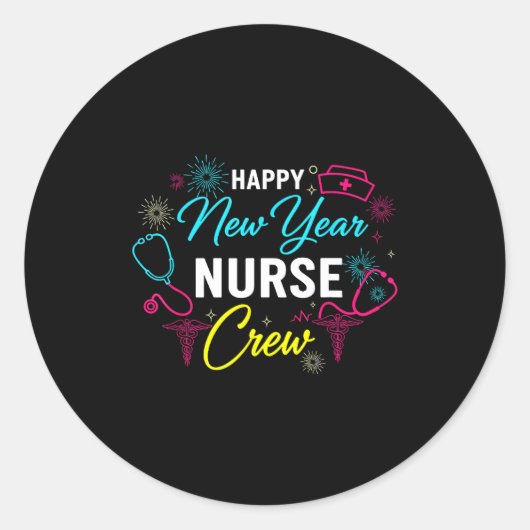 Happy New Year Nurse Shirt, Fireworks Stethoscope  ラウンドシール (正面)