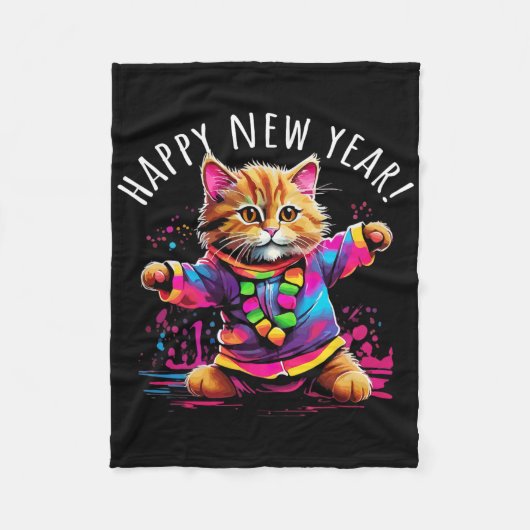 Happy New Year Party Dancing Cat Design フリースブランケット (正面)