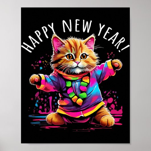 Happy New Year Party Dancing Cat Design  ポスター (正面)