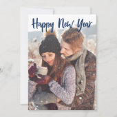 Happy New Year Photo Blue Script Overlay モダン シーズンカード (正面)