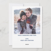 Happy New Year Photo Blue Script Overlay モダン シーズンカード (裏面)