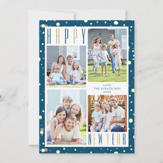 HAPPY NEW YEAR Photo Collage Blue金ゴールド紙吹雪 シーズンカード (正面)
