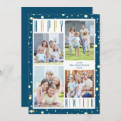 HAPPY NEW YEAR Photo Collage Blue金ゴールド紙吹雪 シーズンカード (正面/裏面)