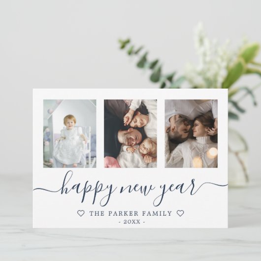 Happy New Year Photo Collage Blue Card 案内状 (スタンド正面)