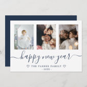 Happy New Year Photo Collage Blue Card 案内状 (正面/裏面)