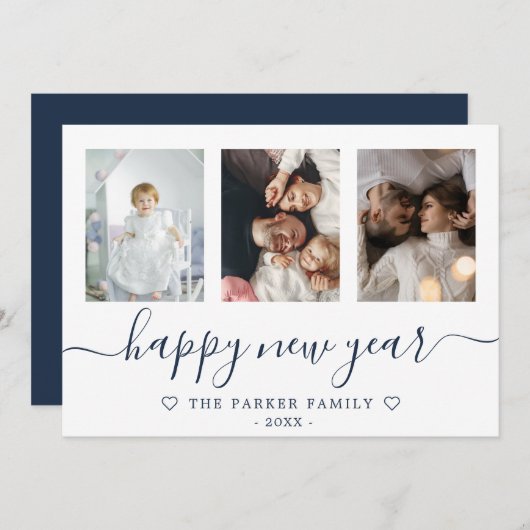 Happy New Year Photo Collage Blue Card 案内状 (正面/裏面)