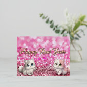 Happy New Year Pink Glitter Glam 2026 Postcad cat 箔シーズンポストカード (立ち正面)