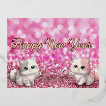 Happy New Year Pink Glitter Glam 2026  Postcad cat