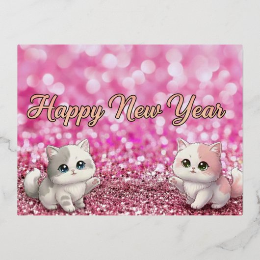 Happy New Year Pink Glitter Glam 2026 Postcad cat 箔シーズンポストカード (正面)
