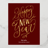 Happy New Year Red金ゴールドスクリプトモダン非写真 箔シーズンポストカード (正面)