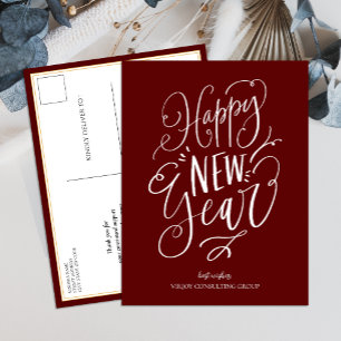 Happy New Year Red Script モダン Business シーズンポストカード