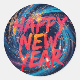 Happy New Year Red sparkle script ラウンドシール