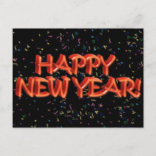 Happy New Year Red Text w/Confetti シーズンポストカード