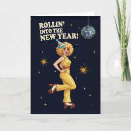 Happy New Year Retro Disco Roller Skating Woman  シーズンカード