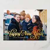 Happy New Year retro script four photo 箔シーズンカード (正面)