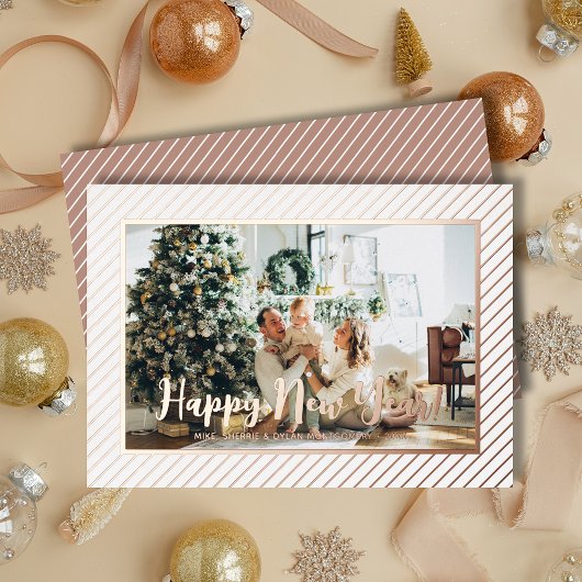  Happy New Year Rose Gold Pinstripe 箔シーズンカード