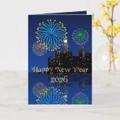 Happy New Year’s Eve Midnight Fireworks City Light カード (黄色い花)