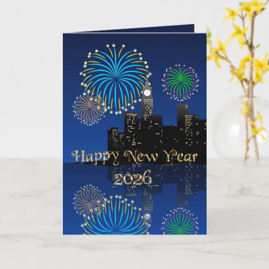 Happy New Year’s Eve Midnight Fireworks City Light カード (黄色い花)