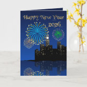 Happy New Year’s Eve Midnight Fireworks City Light カード (黄色い花)