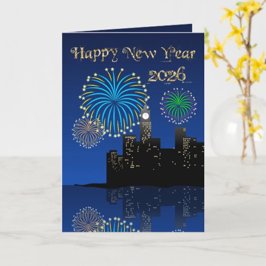 Happy New Year’s Eve Midnight Fireworks City Light カード (黄色い花)
