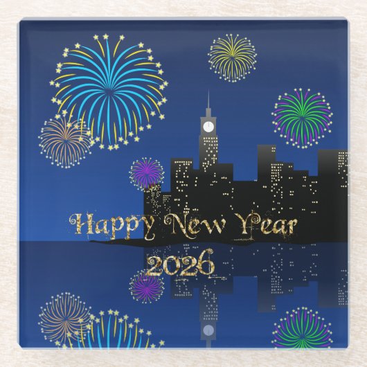Happy New Year’s Eve Midnight Fireworks City Light ガラスコースター (正面)
