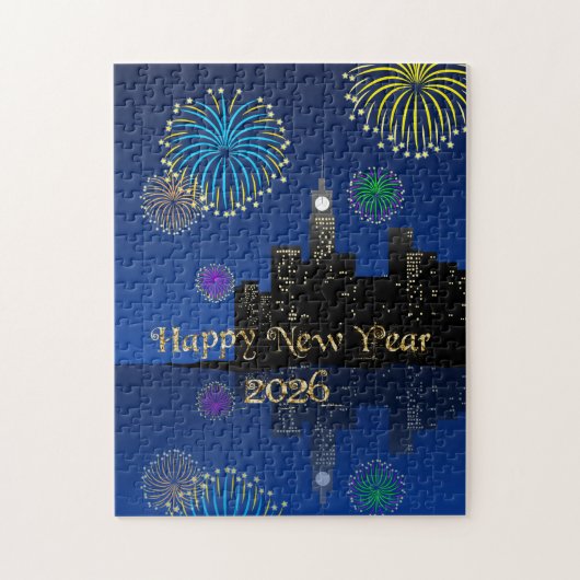 Happy New Year’s Eve Midnight Fireworks City Light ジグソーパズル (縦)