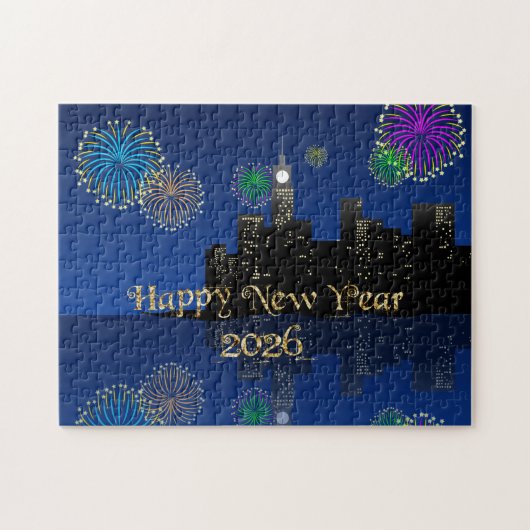 Happy New Year’s Eve Midnight Fireworks City Light ジグソーパズル (横)