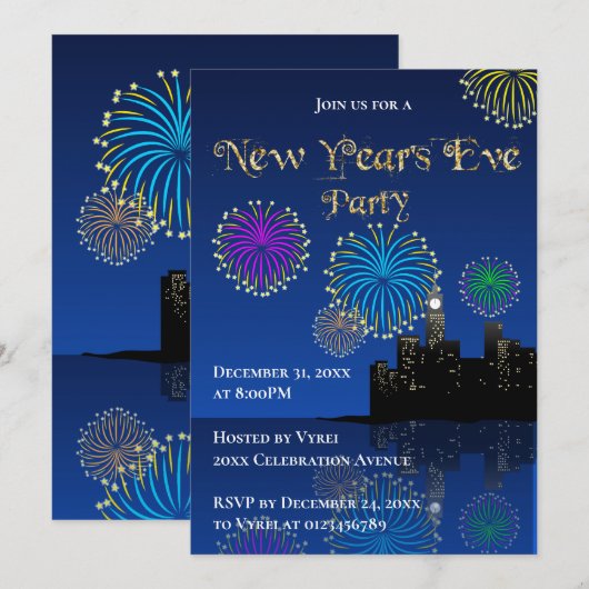 Happy New Year’s Eve Midnight Fireworks City Light 招待状 (正面/裏面)