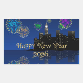 Happy New Year’s Eve Midnight Fireworks City Light 長方形シール
