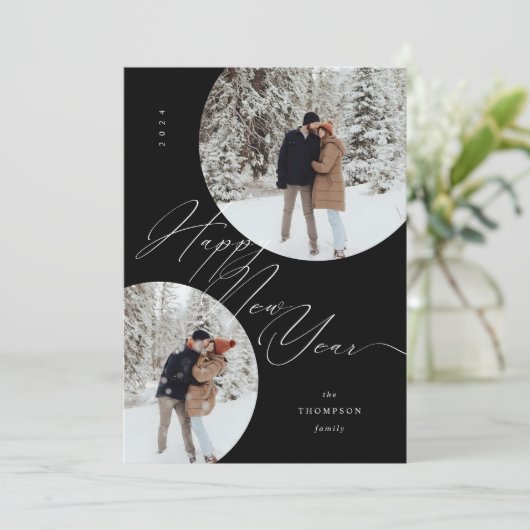 Happy New Year Scriptタイポグラフィ写真クリスマス シーズンカード (スタンド正面)